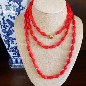 Vintage Red Twist Glass Beaded Long Necklace 54"